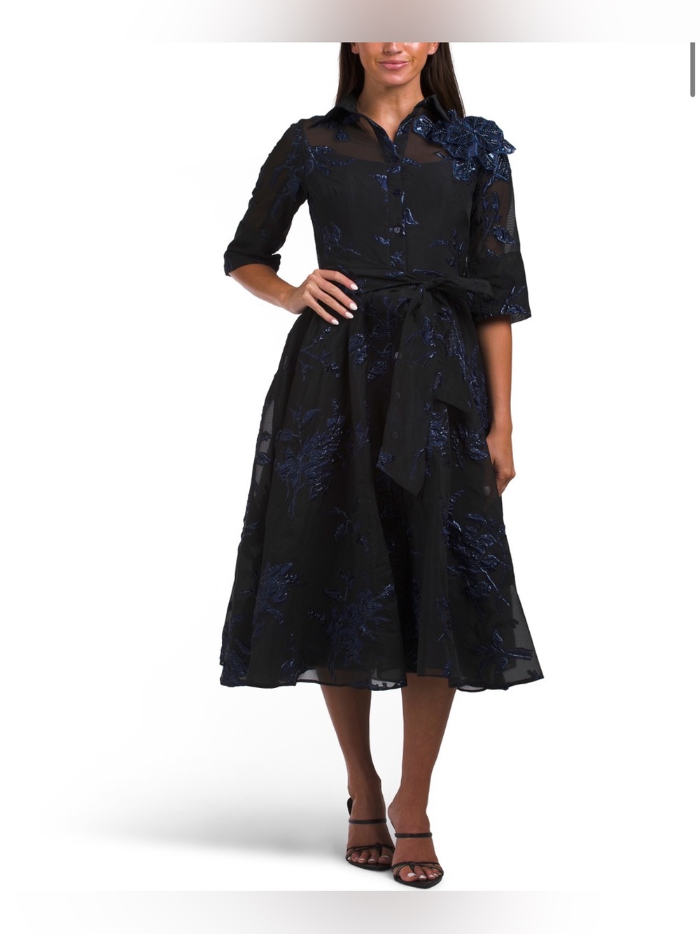 RENE BY RENE RUIZ elbow sleeve jacquard tea-length shirt gown